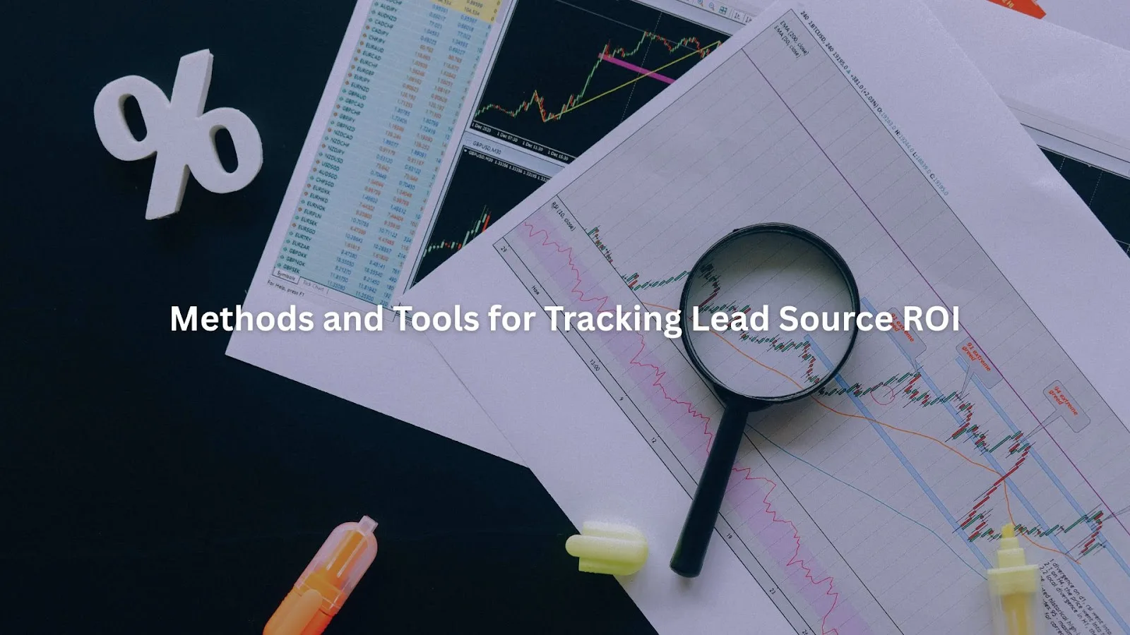 Magnifying glass on financial charts and data sheets symbolizing analysis tools for tracking lead source ROI.